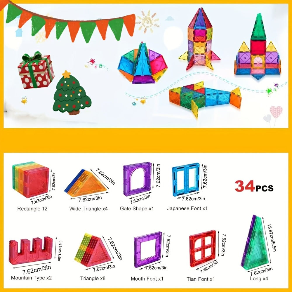 Toddler Magnetic Tiles 34 Piece Starter Set | STEM Magnetic Building Blocks for Kids Ages 3+, Creative Construction Toy for Boys & Girls, Birthday Christmas - product image 2