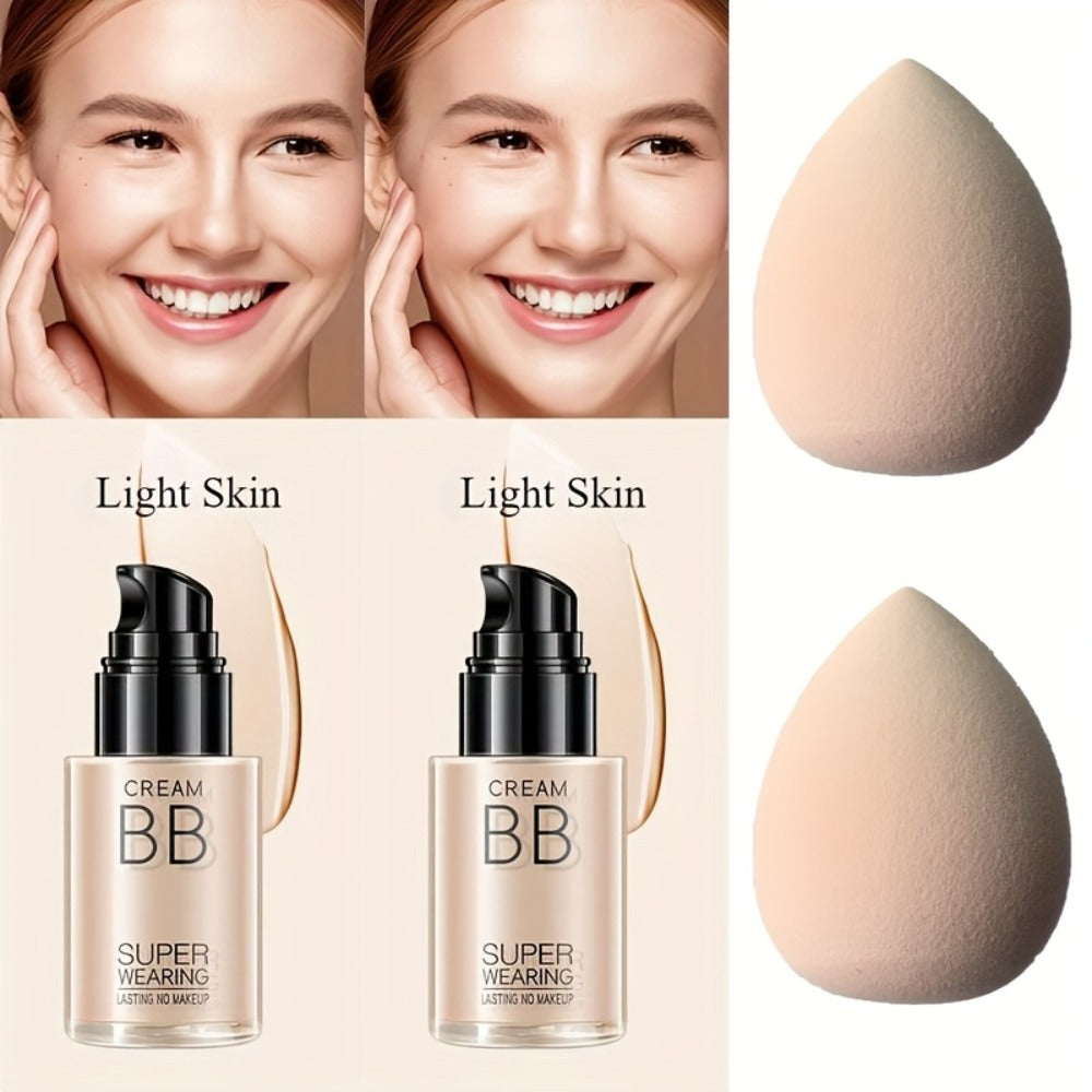 Moisturizing BB Cream Liquid Foundation Set 2-Piece with Makeup Sponge — Flawless Long-Lasting Medium Coverage Skin-Isolating Concealer for All Skin Types Women Natural & Light Bei - product image 10