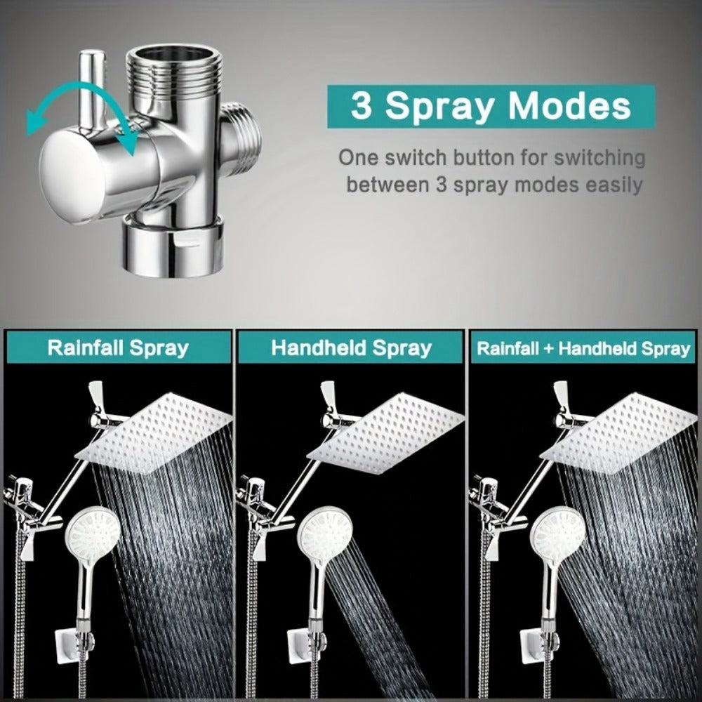Rainfall Handheld Shower Combo 9-Setting – High Pressure 11" Extension Arm Leak-Proof Wall Mount 8 10 12 Inch Chrome Black - product image 3