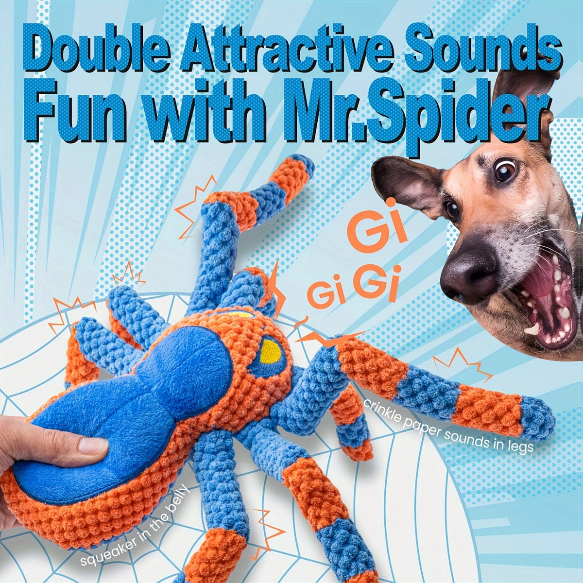 Interactive Crinkle Tug of War Plush Dog Toy with Squeaker Head & Flexible Legs, Durable Large Dog Toys to Keep Dogs Busy, No Battery Needed, Red & Blue Spider - product image 4