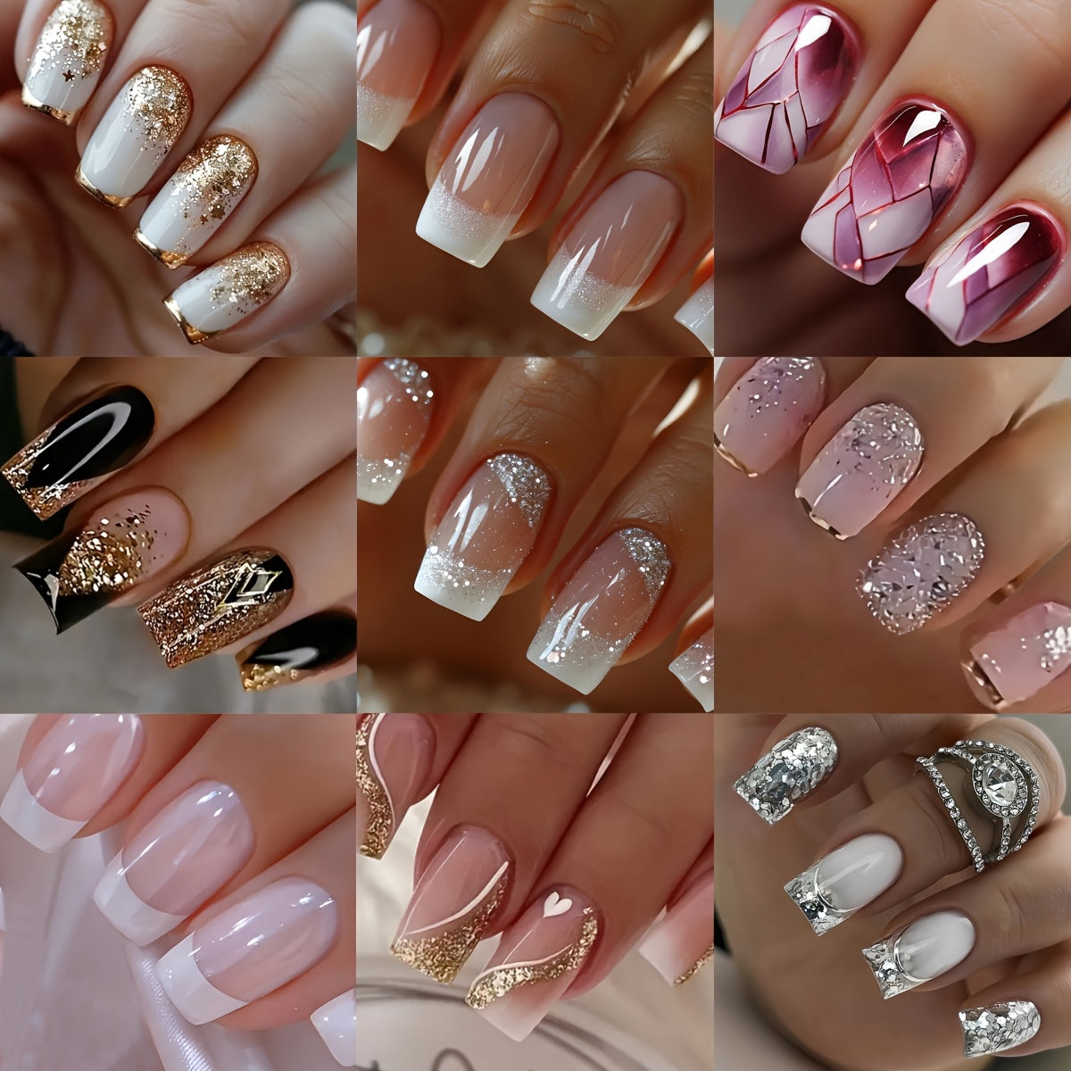 Press On Nails 216 Pieces 9 Boxes Soft Gel Short Square Full Cover Fake Nails Kit – French White Gradient Glitter Heart Matte False Nail Set for Women Girls - product image 15