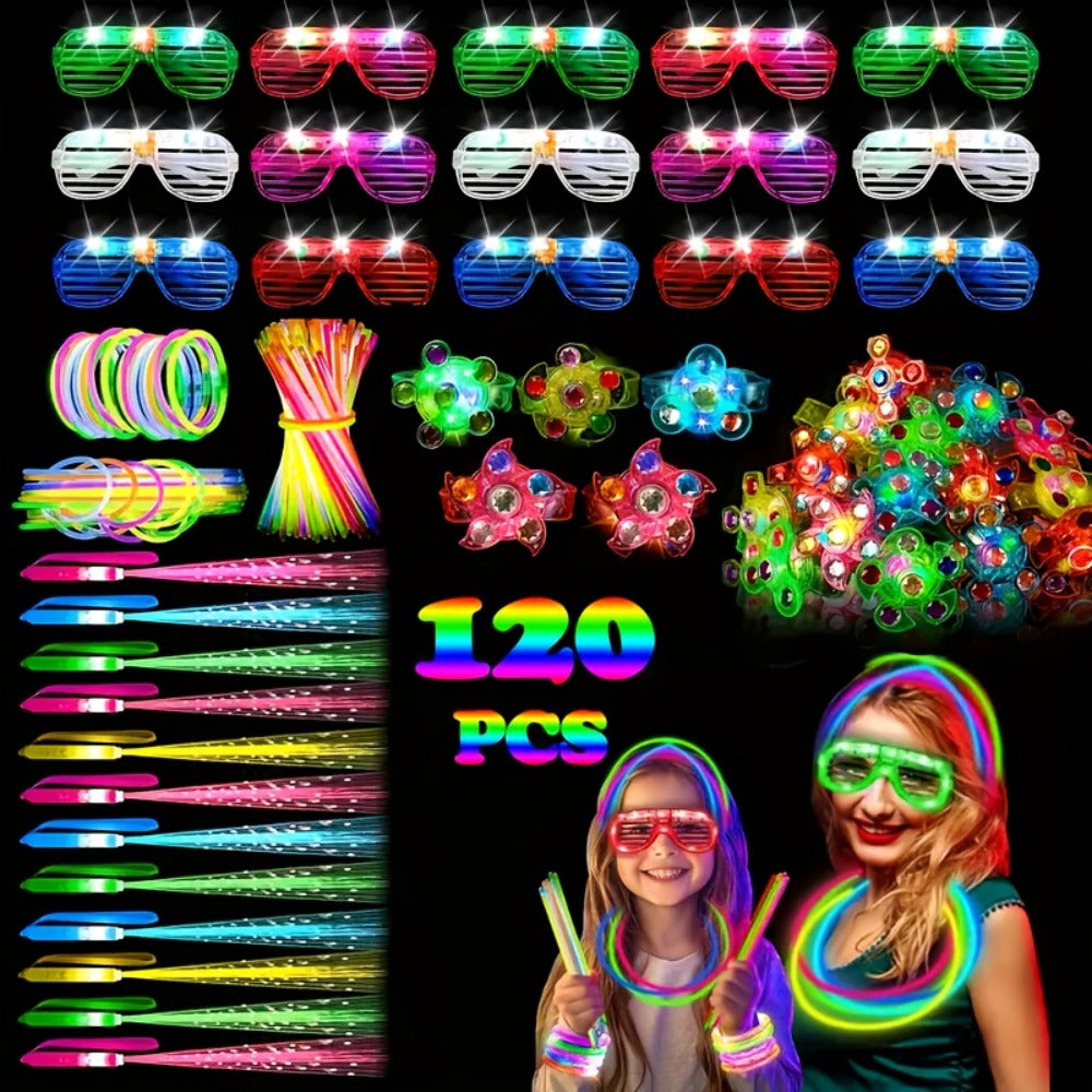 Neon Glow Rings LED Glasses Glow Sticks & Fiber Optic Hair Clips for Blacklight Birthday Party, Wedding, Concert, Rave & New Year's Eve – Glow in the Dark Party Supplies 120 Piece Set