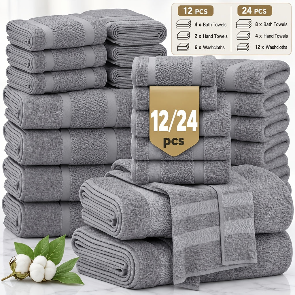 24 pcs Bath Towel Sets, Solid Color Cotton Blend Bathroom Towel, 8/4 Bath Towels +4/2Hand Towels + 12/6Washcloths, Multiple Colors Available, Soft and - product image