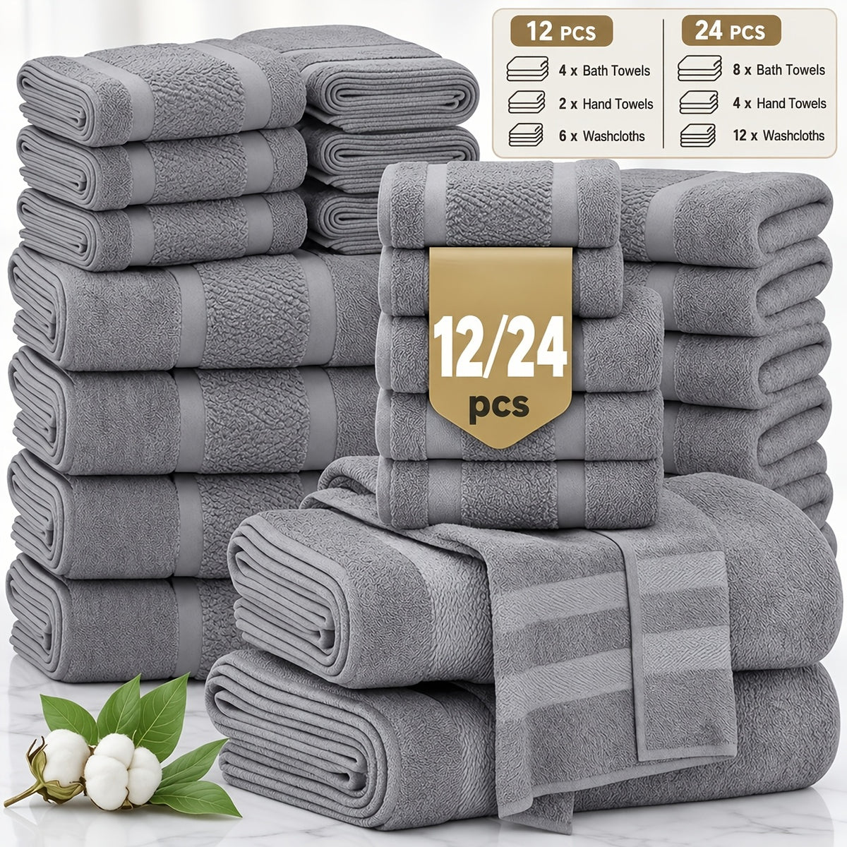 24 pcs Bath Towel Sets, Solid Color Cotton Blend Bathroom Towel, 8/4 Bath Towels +4/2Hand Towels + 12/6Washcloths, Multiple Colors Available, Soft and - product image
