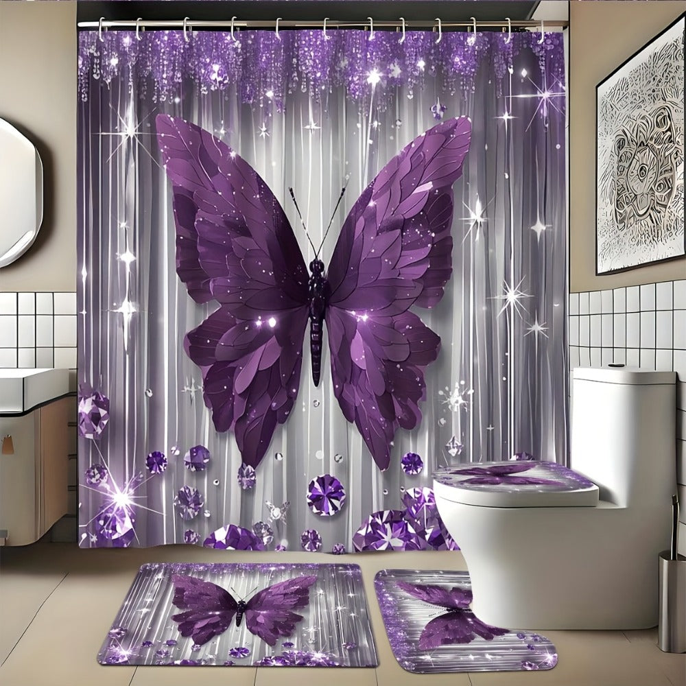Shower Curtain Set Diamond Butterfly Print 70.8x70.8 Inch - 4 Piece Bathroom Set with U-Shape Toilet Seat Cover Non-Slip Rug 12 Hooks Machine Washable | Cyan Purple Pink | All Seas - product image