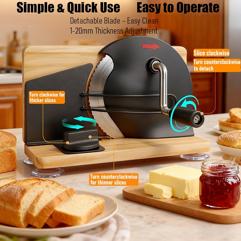 Bread Slicer Manual Adjustable Thickness Uniform Slices Hand Crank Serrated Blade Suction Base Measurement Markings for Sourdough Artisan Homemade Bread Loaf - product image 5