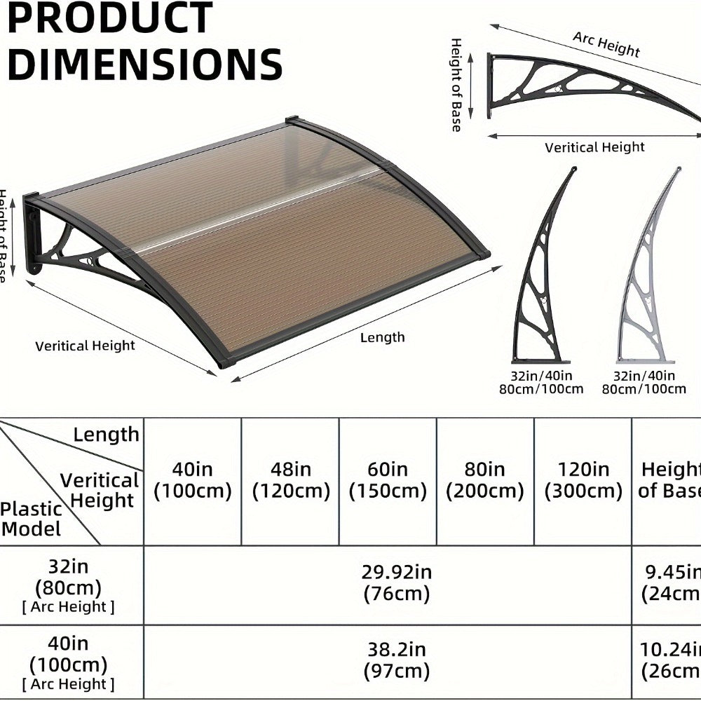 Polycarbonate Window Awning Door Canopy - UV Rain Snow Sun Protection Overhang for Doorways, Patio & Windows, Multiple Sizes, Black/Gray Bracket with Blue/Clear/Brown Board - product image 4