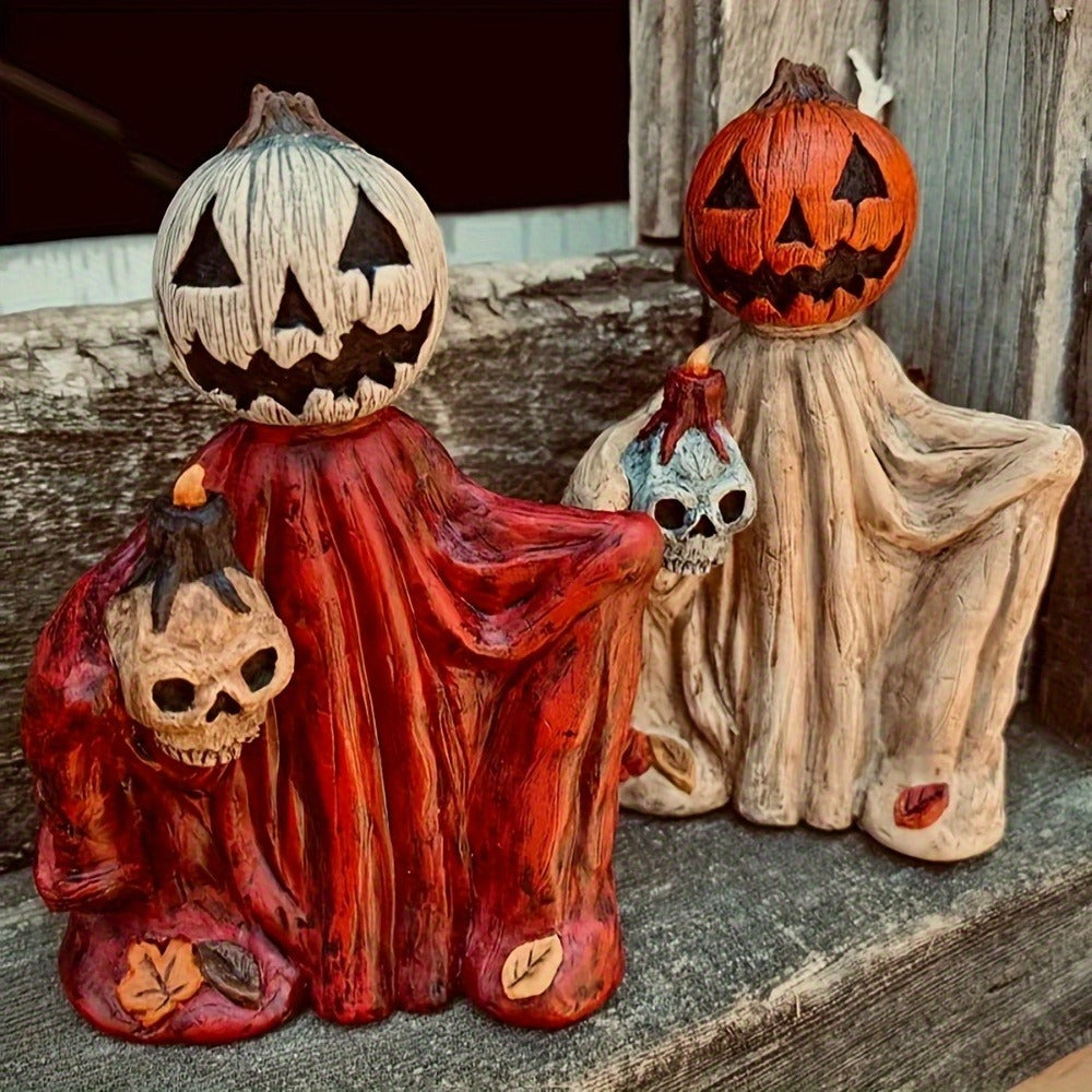 Halloween Pumpkin Wizard Resin Figurine 2-Pack – Spooky Desktop Ornament & Bookshelf Decor, Skeleton Gnome Tabletop Statue for Halloween Home Decor & Seasonal Display - product image