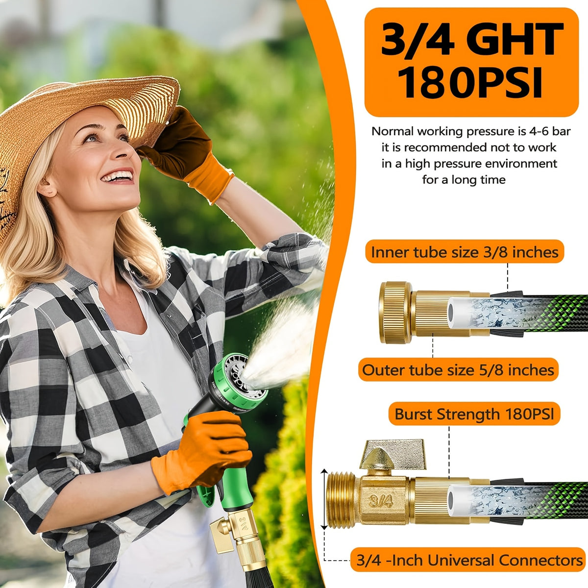 Garden Hose 100Ft/150Ft/75Ft/50Ft/25Ft/15Ft/10Ft with 10-Function High-Pressure Spray Nozzle, Lightweight, Non-Expandable Water Hose for Yard, Lawn, Car Wash - product image 8
