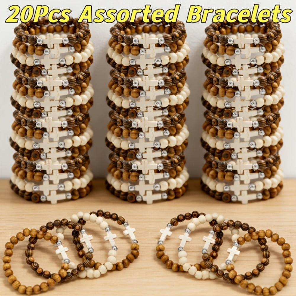 20/40PCS Vintage Ethnic Alloy Cross Pendant Woven Elastic Bracelets, Assorted Colors Christian Religious Jewelry Gifts for Kids Adults | Cross Bracelets Bulk for Baptism Party Favors