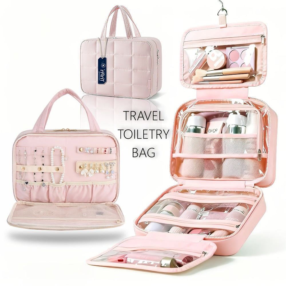 Hanging Travel Toiletry Bag Large Capacity for Full-Size Products Waterproof Cosmetic Organizer with Hook — Bathroom Makeup Travel Bag for Women Pink Beige Black - product image 3
