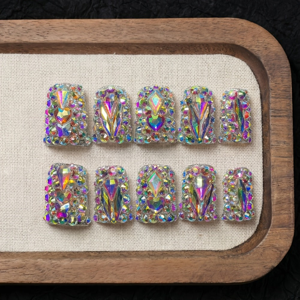 Short Duckbill Press On Nails 10pcs Handmade AB Crystal Colorful Diamond Glossy – Reusable Non-Toxic Salon Quality Spring Summer Nail Art Set with Gel Adhesive Tabs S M L for Women - product image 3