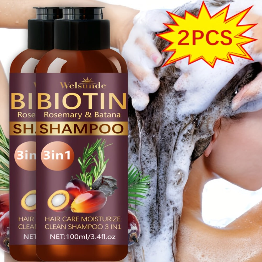 Biotin & Batana Oil Shampoo 2-Pack with Rosemary Extract – 3-in-1 Deep Moisture, Scalp Revitalizer & Damaged Hair Repair, Mild Natural Cleansing Formula, 100ml x2 (3.4 fl oz) - product image
