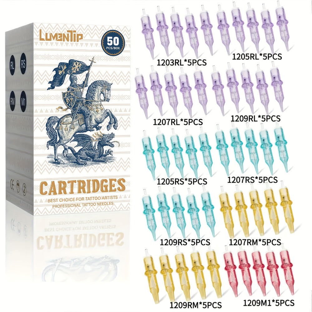 Tattoo Cartridge Needles 50pcs Mixed #12 Lumentip — RL RS RM M1 Stainless Steel, Safety Membrane, Universal Fit for All Tattoo Machines & Pens, Artists & Beginners - product image 2