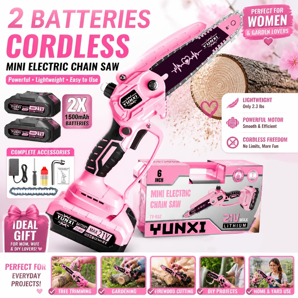 Mini Chainsaw 6 Inch 21V Cordless Battery Powered | Handheld Electric Chain Saw for Tree Branch Trimming Wood Cutting | Lightweight Portable Pruning Saw Pink - product image