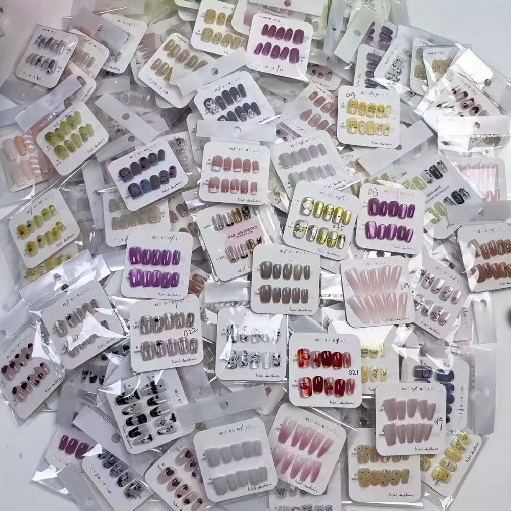 288pcs Press On Nails Mixed Color Square – White French Stripes Brown Blue Purple Gradient Glitter Heart Leaf Matte Reusable Fake Nails | Holiday Manicure Kit for Women | Valentine - product image 7