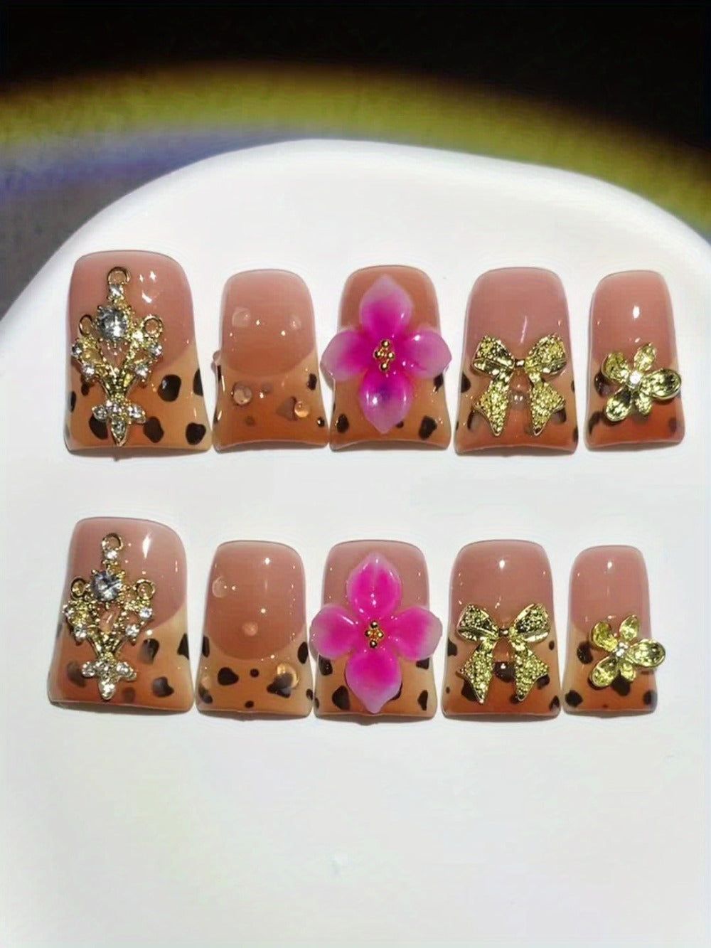 Press On Nails 5D Carved Duckbill Shape Medium Length Brown Pink Gradient Flower Milk Pattern Glossy Handmade Autumn Winter Fake Nails 10pcs Salon Quality UV Protected for Party Ba - product image 10