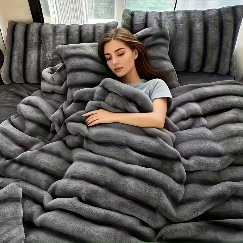 Striped Luxurious Faux Rabbit Fur Throw Blanket Ultra-Soft, Double-sided Blanket, Kids' Blanket, ClassicStripe Pattern, Multi-Color, Travel, Camping, Al - product image 3