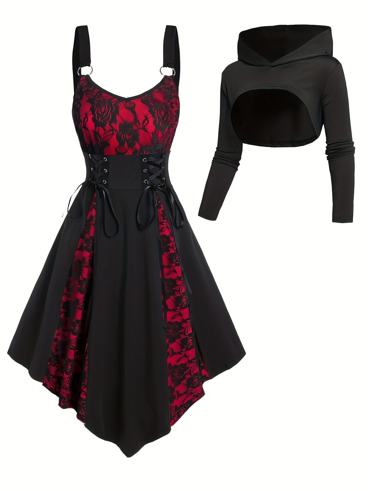 Gothic-Inspired Women's Outfit Set: Rose Lace Contrast Dress with Tie Waist & Long Sleeve Top, Plus Matching Hat - Perfect for Christmas & Casual Parties - product image