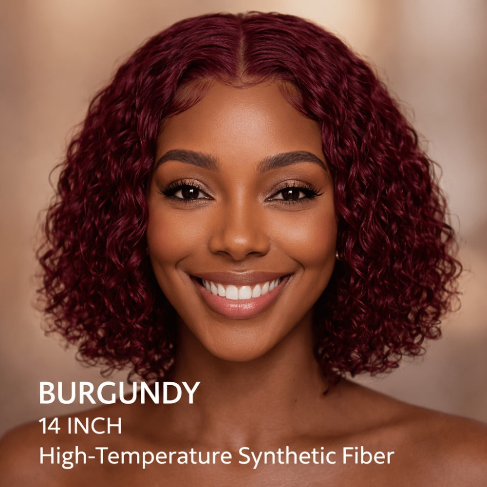 Glueless Deep Wave Curly Bob Wig with Rose Net Cap 14 Inch No Glue Secure Fit Short Curly Synthetic Wig for Women Burgundy Golden Dark Brown Light Brown - product image 7