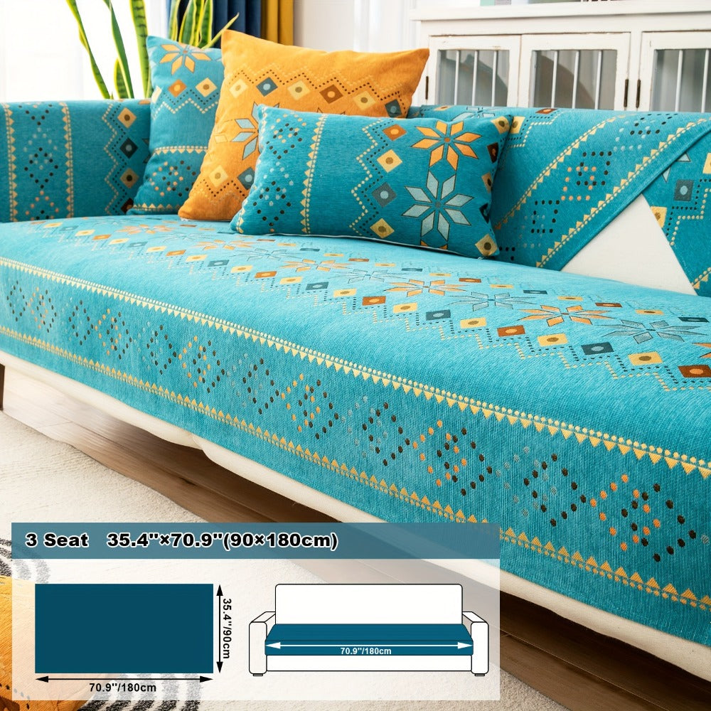Bohemian Chenille Sofa Cover | Geometric Print Non-Slip Couch Slipcover, Thick Plush Boho Style, 1 to 4 Seat, Armrest & Backrest, Machine Washable, Sectional Sofa Protector - product image 7