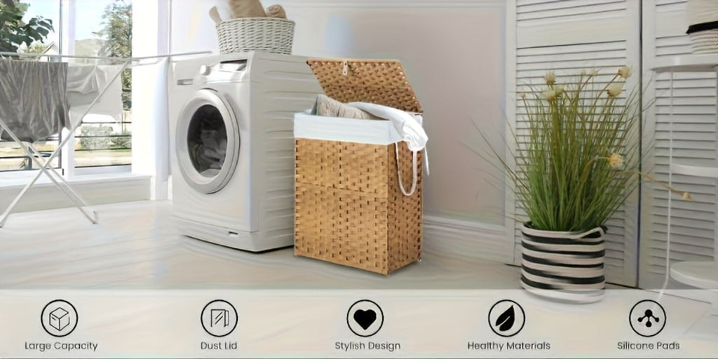 Laundry Basket with Lid - Large Foldable Rattan Hamper with Removable Washable Liner, Sturdy Steel Frame, for Bathroom Bedroom, Goose Yellow or Dove Gray - product image 11