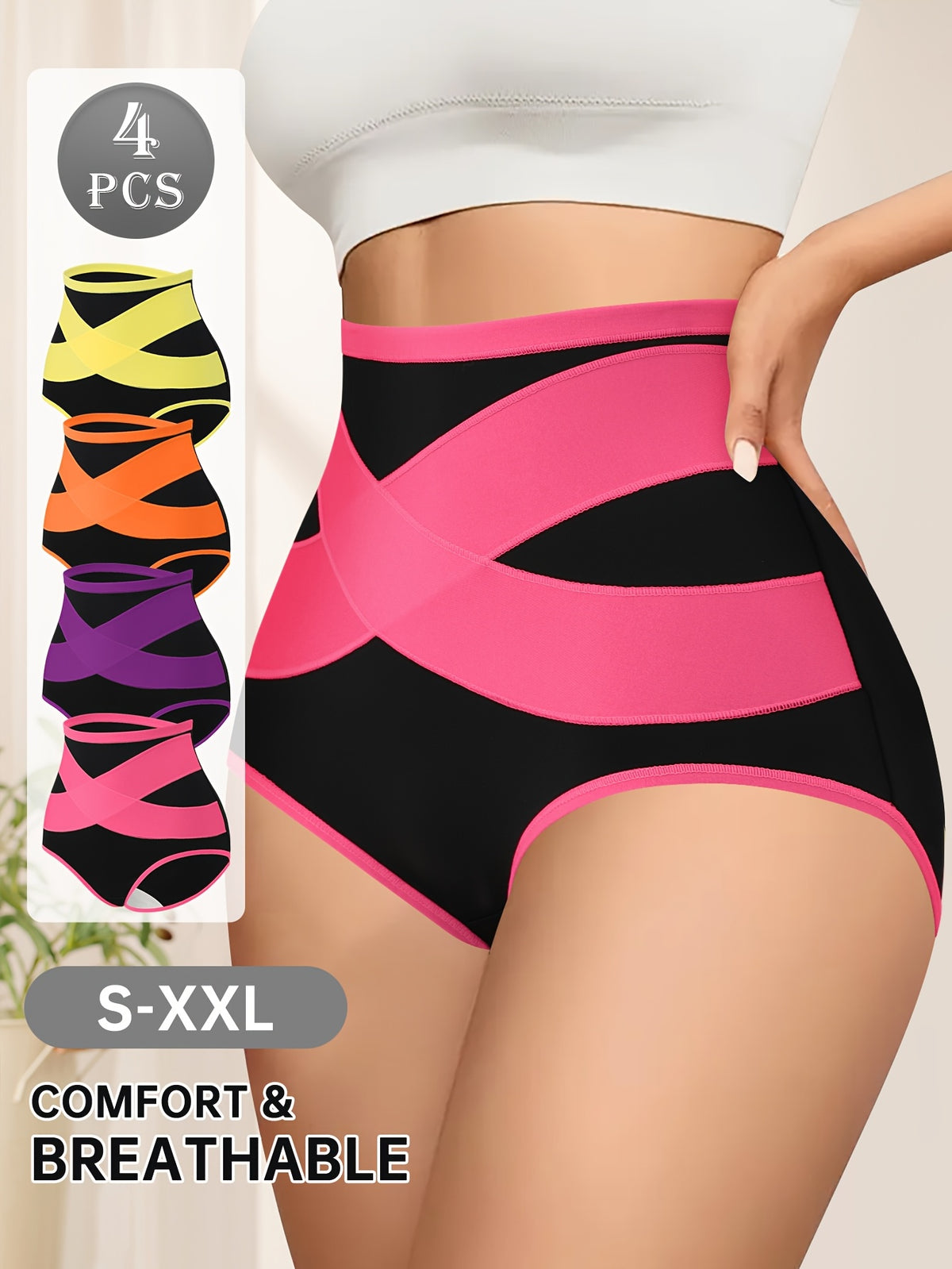 4pcs Women's High-Waisted Tummy Underwear - Shaping Panties with Cross Waistband, Breathable Mesh Wrap-Around Belly, Polyester-Spandex Blend Suitable for Home - product image