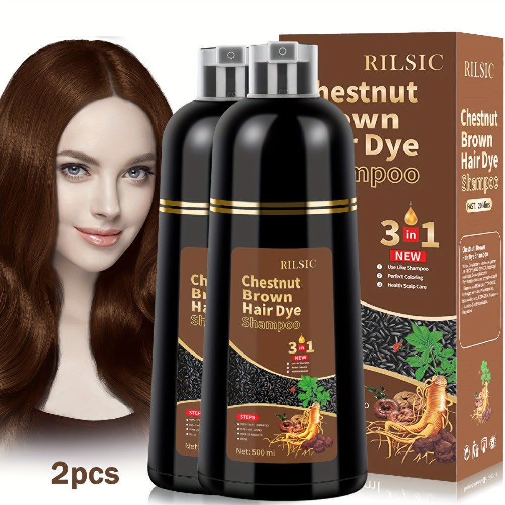 Grey Hair Coverage Shampoo 2 Pack 3-in-1 Herbal Hair Dye Kit with Plant-Based Squalane Colors in Minutes Includes Gloves Earmuffs Headgear Shawl Black Dark Brown Chestnut 500ml Eac - product image 9