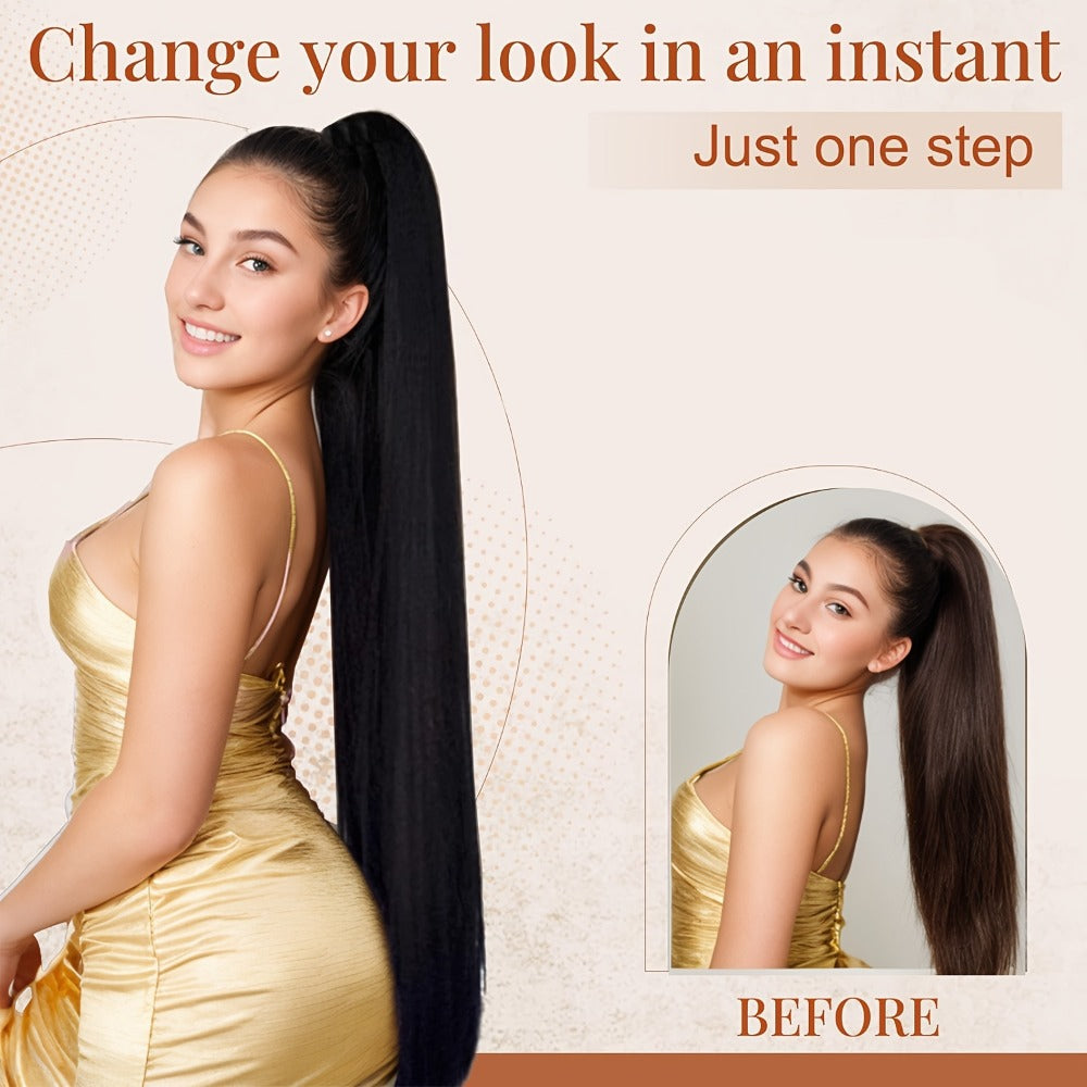 34 Inch Straight Ponytail Extension Ribbon Wrap – Long Sleek High Temperature Fiber Hairpiece for Women | Instant Wrap On Ponytail | Daily Wear Party Wedding | Brown Linen Champagn - product image 9
