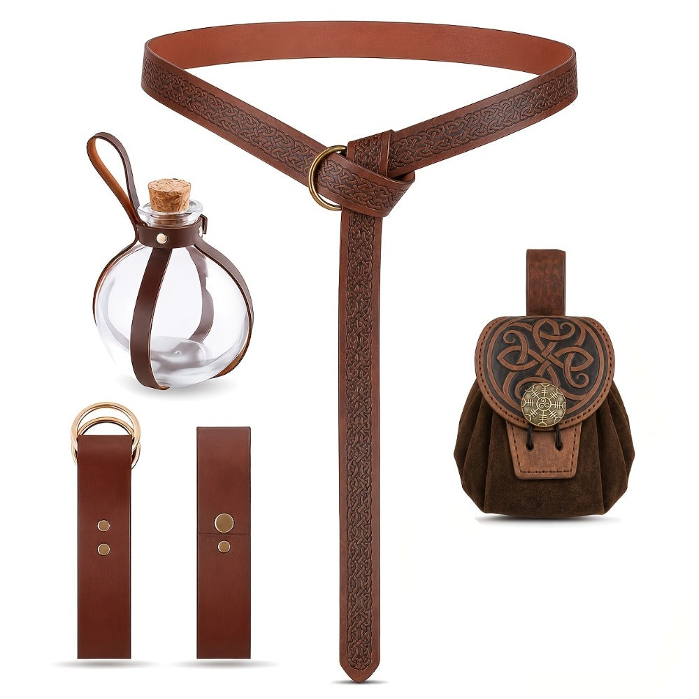 LARP Halloween Cosplay Renaissance Fair Themed Party Role Play Costume Accessory, Black & Brown – Medieval Belt Set 5pcs Viking Renaissance Faux Leather - product image 5