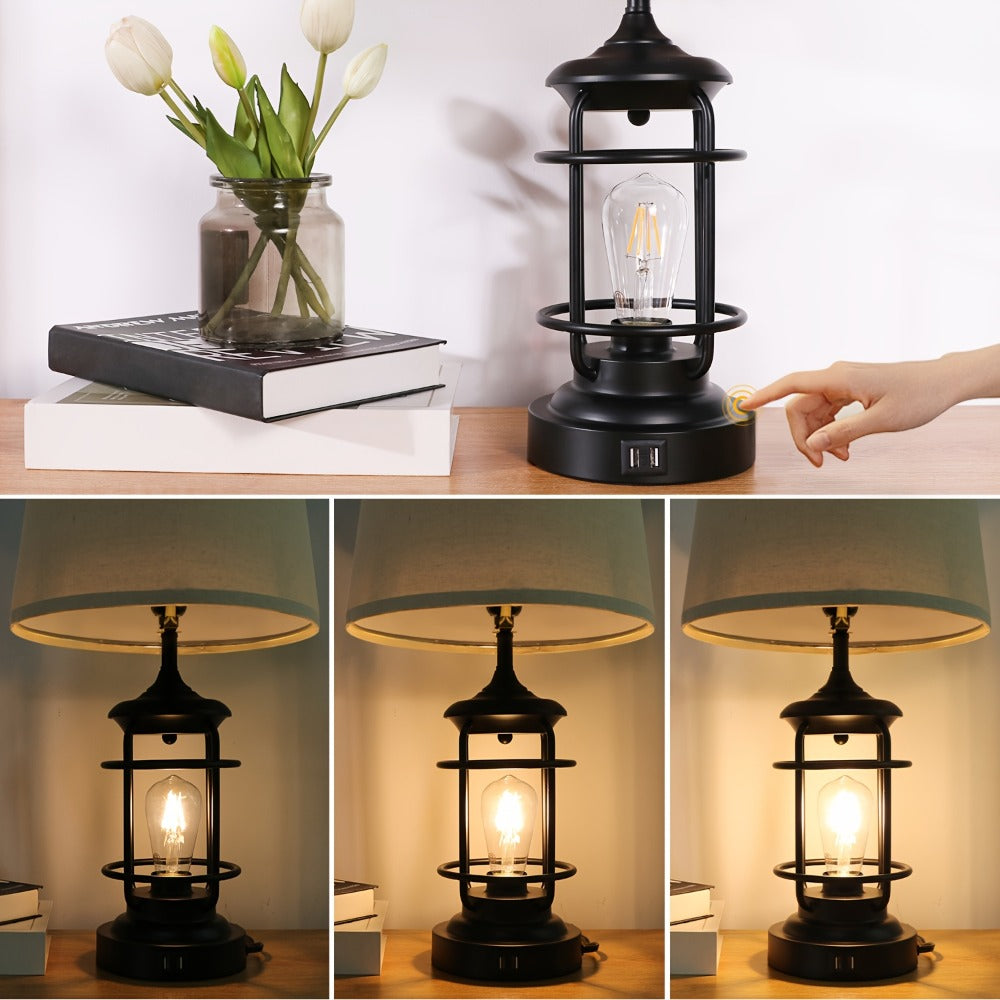 Farmhouse Table Lamps Set of 2 with 4 LED Bulbs | Touch Control 3-Way Dimmable Nightstand Lamp Dual USB Ports Natural Linen Shade Metal Black 22 Inch Bedroom Living Room - product image 5