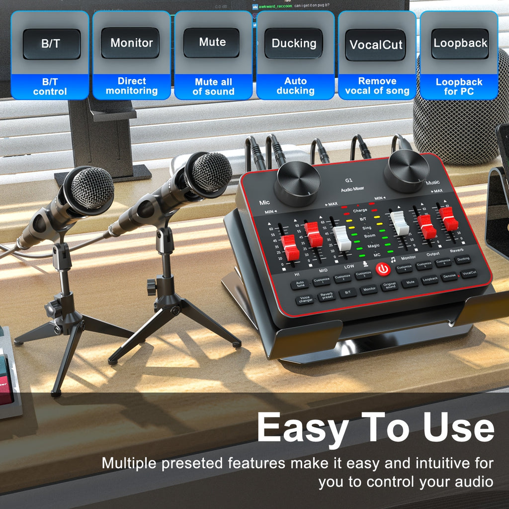 Podcast Equipment Bundle, All-in-One Audio Interface DJ Mixer with 2 Condenser Microphones, Recording Studio Kit Live Sound Card for Singing Broadcast, Live - product image 10
