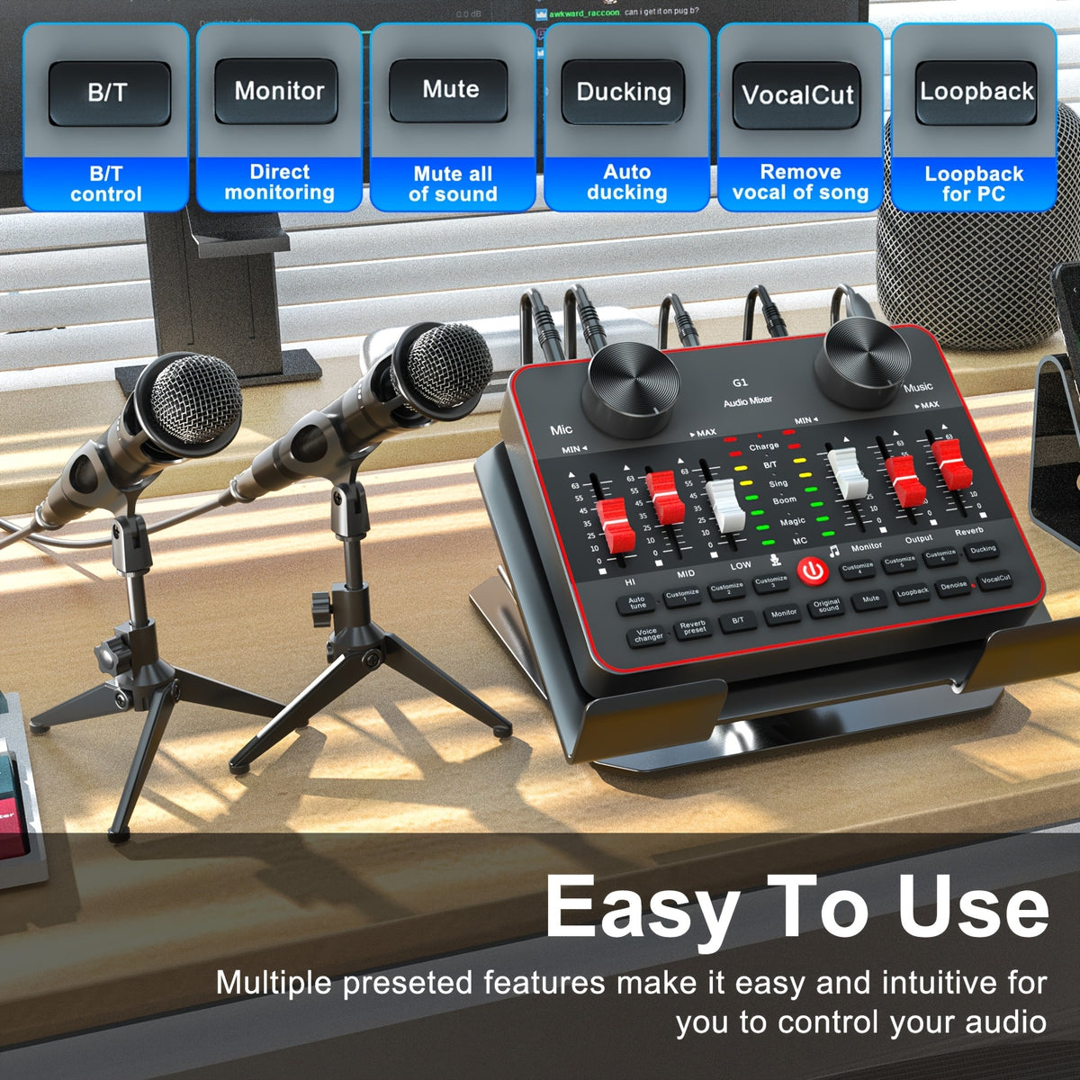 Podcast Equipment Bundle, All-in-One Audio Interface DJ Mixer with 2 Condenser Microphones, Recording Studio Kit Live Sound Card for Singing Broadcast, Live - product image 10