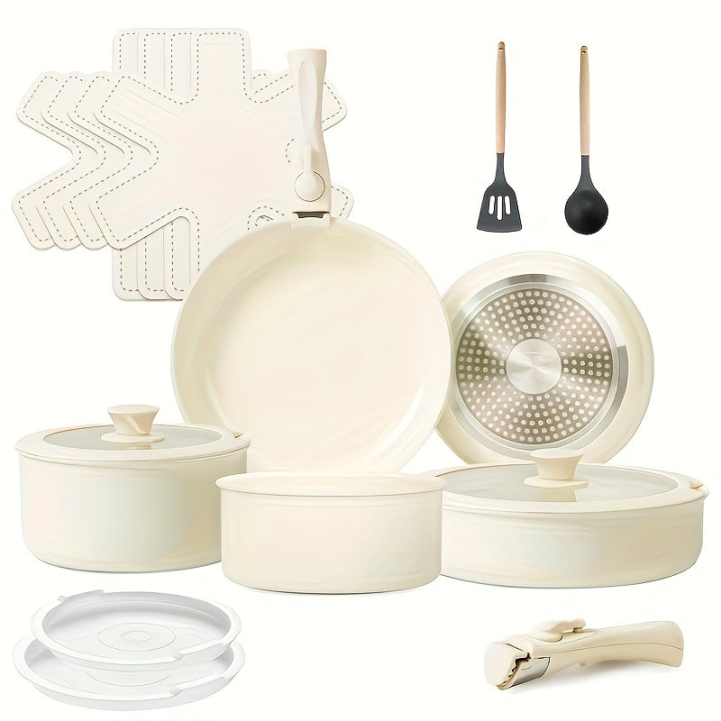 Ceramic Nonstick Cookware Set 17 Piece Pots and Pans with Removable Handles - PFOA Free Stackable Induction Ready Oven Dishwasher Safe RV Kitchen Set Frying Pans Sauce Pans Beige - product image 7