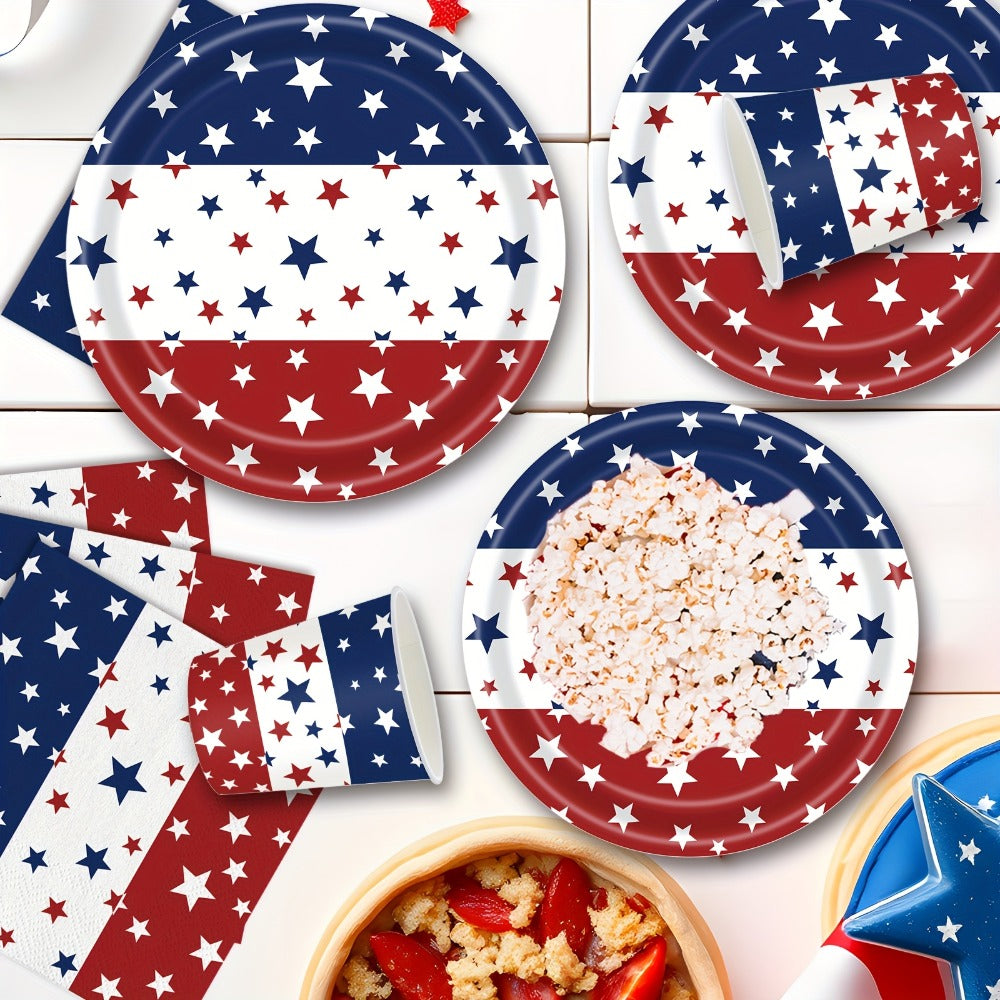 Patriotic Disposable Paper Plates & Napkins for Independence Day BBQ, Memorial Day & Red White Blue Party Decorations Serves 20 Guests – 4th of July Party Supplies 140 Pcs