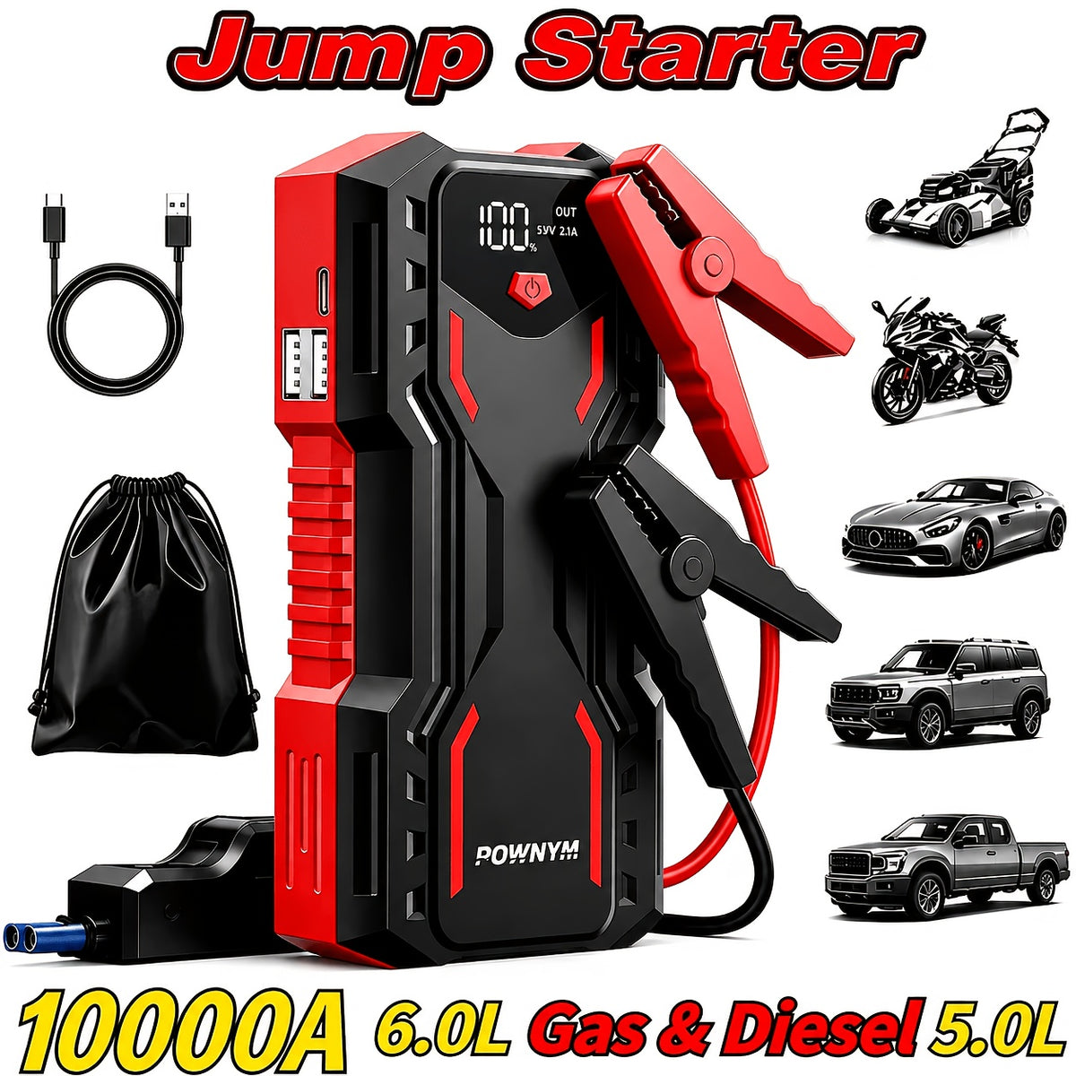 10000A Car Jump Starter and 10000A 7-in-1 Jump Starter with Air Pump, 150PSL Car Battery Starter, Suitable for 2.64-Gallery Gasoline Or 2.38-Gallery Diesel - product image 5