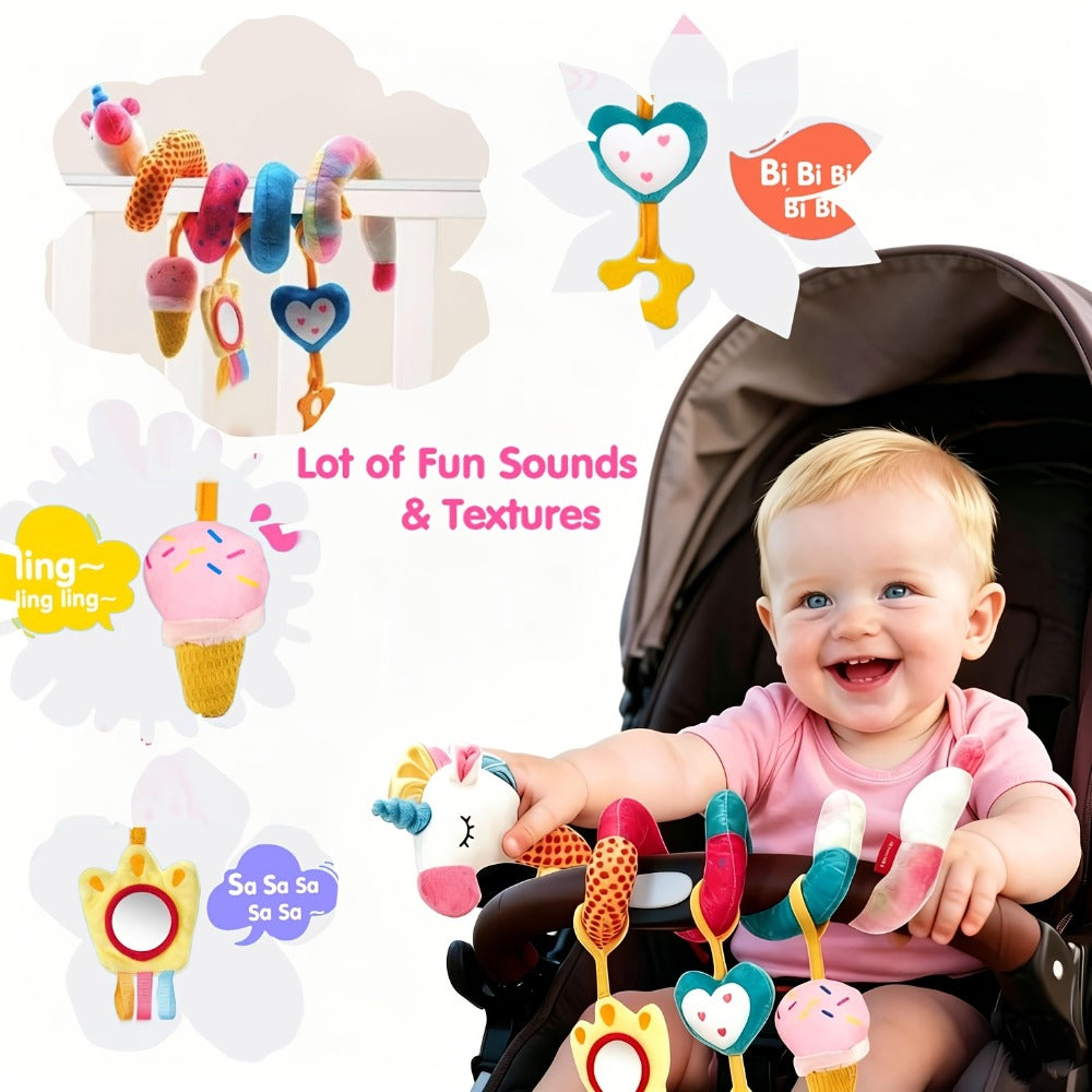Unicorn Rattle Mirror Crinkle Squeaky Stroller Toy Set for Infant Girls, Developmental Sensory Toys for Newborn 3-6 Months, Baby Girl Gift – Baby Car Seat Toys 0-6 Months