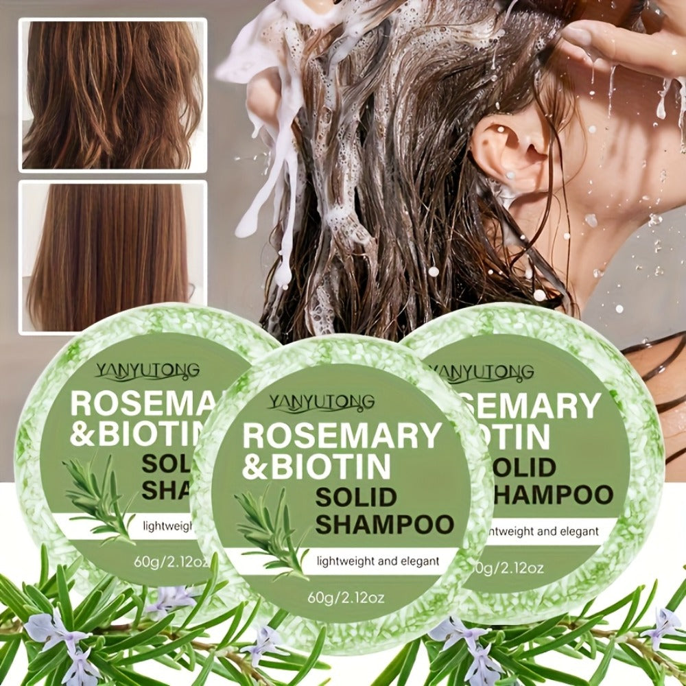 Rosemary Biotin Solid Shampoo Bar 3 Pack — Plant-Based Nourishing Mild Non-Irritating Formula for Sleek Smooth Hair, Scalp Care, Frizz Control, All Hair Types, Eco-Friendly, 60g Ea - product image
