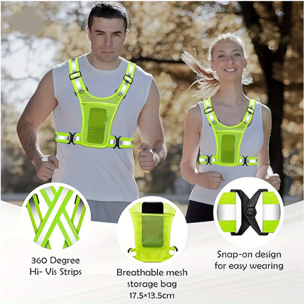 Reflective Running Vest with Phone Holder & Reflective Bracelets – 2 Pack – Adjustable Safety Vest for Men Women, Dog Walking, Cycling, Night Running