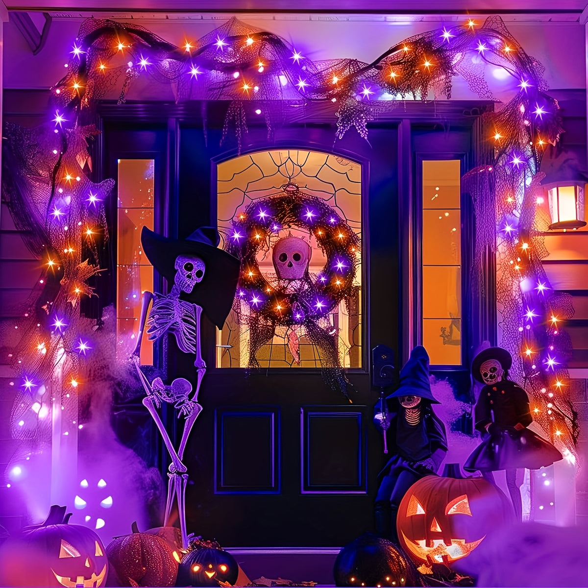 1 Pack of Solar Halloween String Lights, Spooky Vibe 39FT-100LED Fairy Lights in Orange And Purple for a Creepy Atmosphere, IP65 Outdoor Splash-Proof, Festive Hanging Lights Suitable for Christmas Yards, Gardens, And Camping Parties