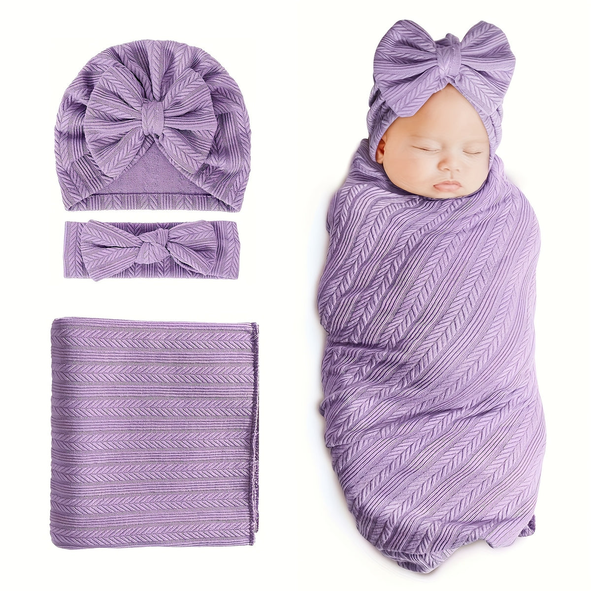 Baby Swaddle Blankets for Girls Boys, 3pcs Newborn Accessories Set with Matching Hat and Bow Headband Soft and Skin-friendly Texture, Suitable for All Four - product image 6