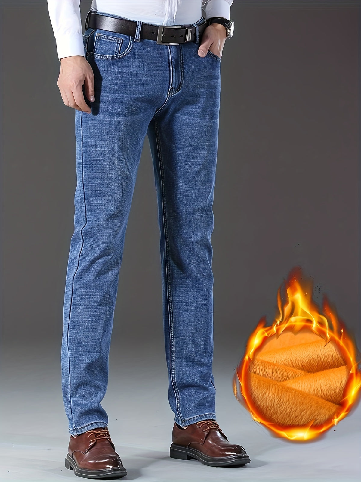 Men's High-Waisted Straight-Leg Winter Jeans - Thickened -Lined Warmth, Washed Denim Texture, Solid Blue Casual Pants for Cold Weather, Cold Weather Apparel - product image 10
