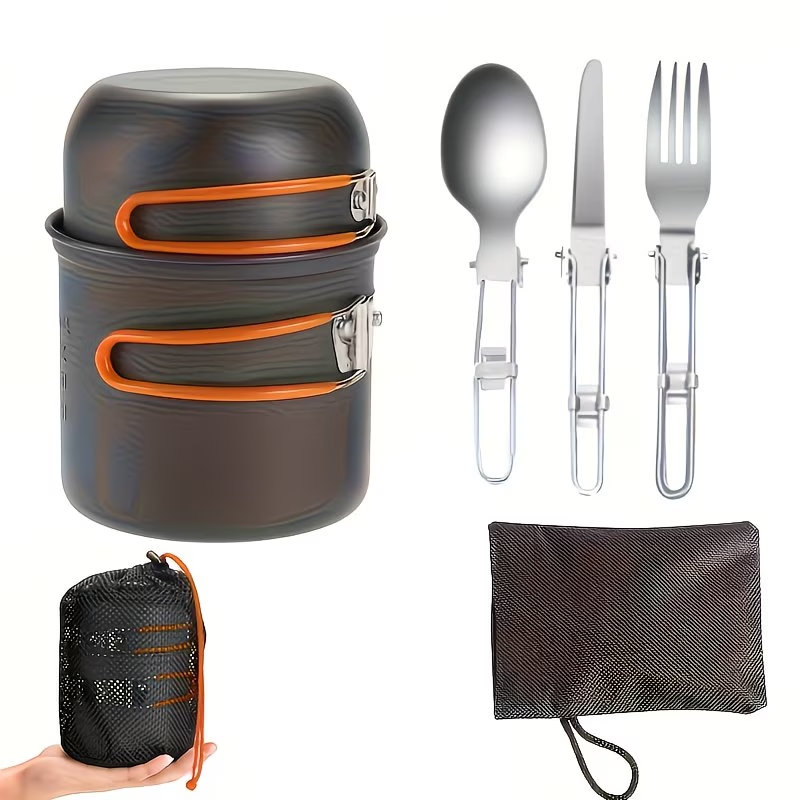 Portable Camping Cookware Set with Double Pot & Utensils | Featherlight Open Fire Cooking Kit with Forks Knives Spoons, Compact Space-Saving Iron Cookware for - product image 2