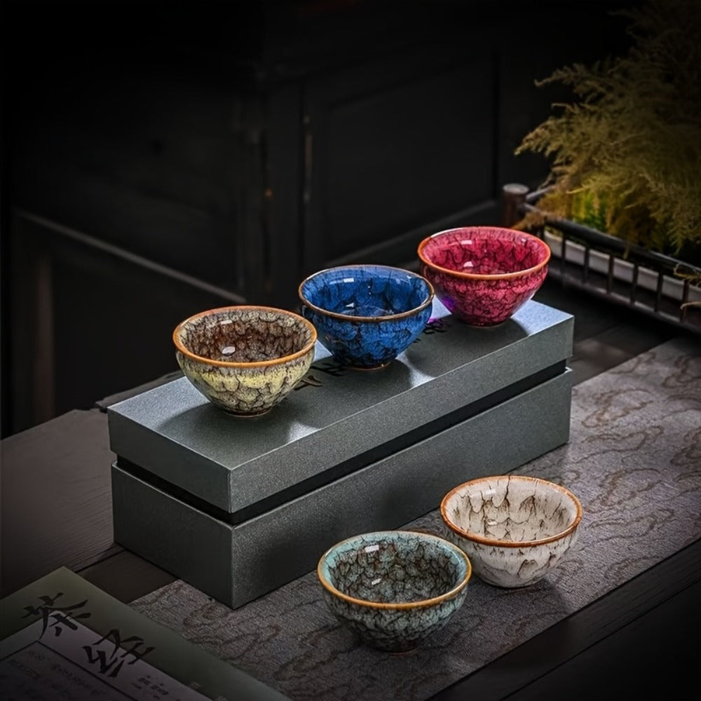 Kung Fu Tea Cups Set of 5 – Handmade Kiln-Fired Jianzhan Ceramic Teacups – Five-Element Design in 5 Colors with Gift Box – Elegant Chinese Tea Ceremony Cup Gift for Business, Frien - product image