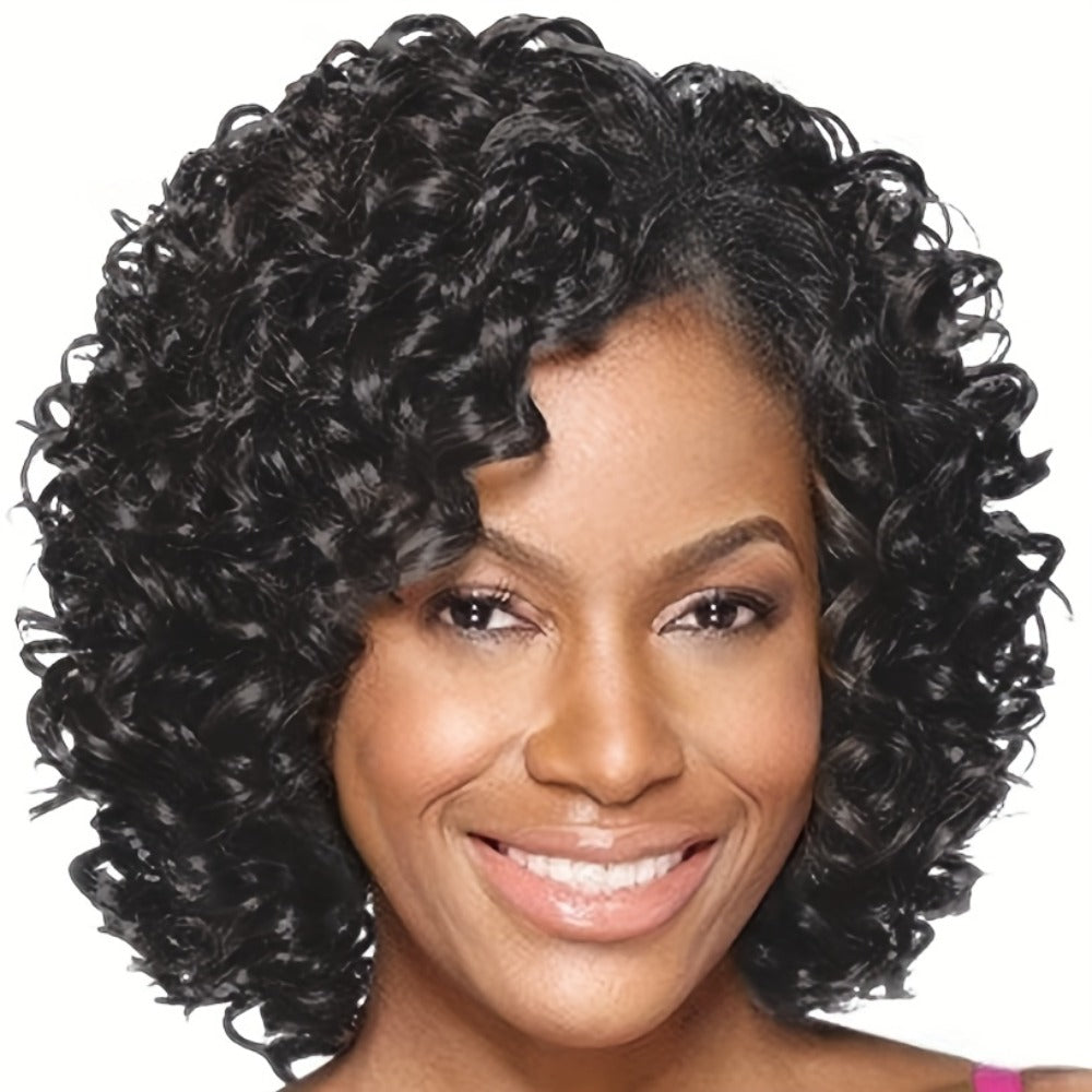 Short Afro Kinky Curly Wig 12 Inch Synthetic Heat Resistant Elastic Cap – Full Coverage Voluminous Hair Replacement Wig for Women | Black & Black Mixed Brown | Daily Wear Party Cos - product image