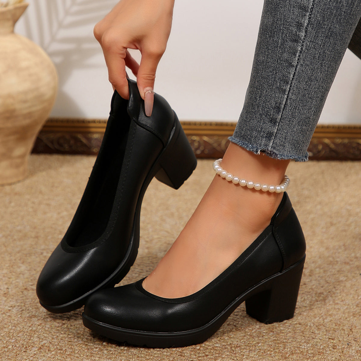 Women's Block Heel Pumps Work Shoes Office Lady Round Toe High Heels Dress Shoes, Women Shoes
