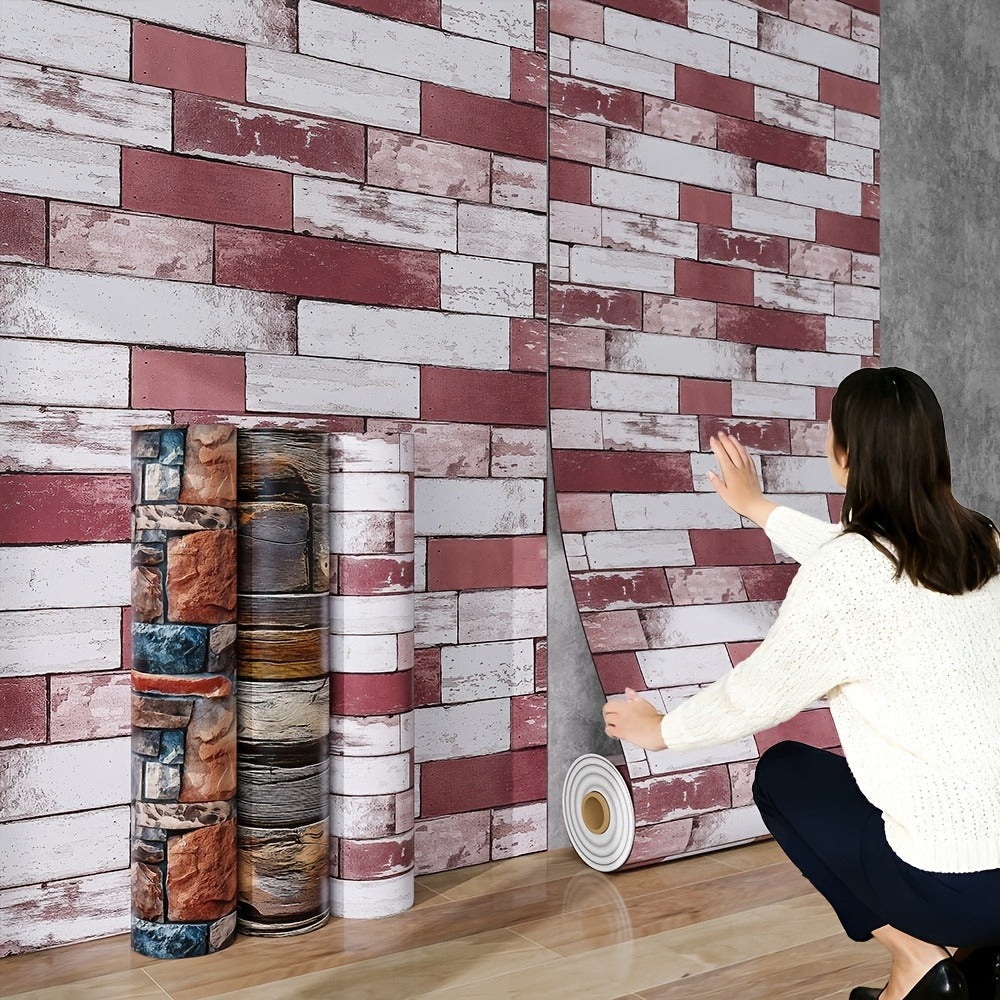 3D Brick Foam Wallpaper Self Adhesive Peel and Stick Wall Panels Waterproof PVC Rustic Brick Pattern Home Bathroom Kitchen Wall Decor Blue Brown Red 17.5in Wide - product image 8