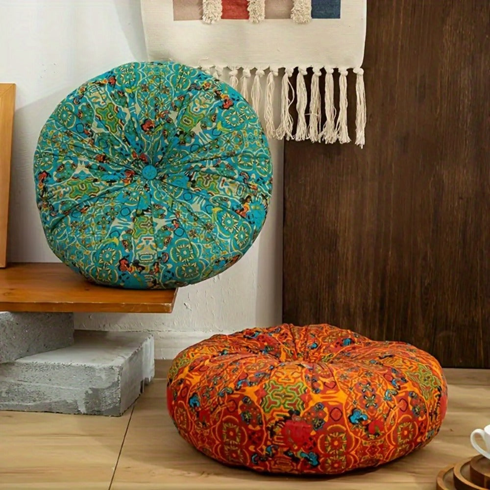 Floor Pillow Round Bohemian Thick Cushion Vintage Floral Pattern Boho Meditation Seat Pad Fade Resistant Cotton Filled Decorative Pouf for Living Room Bedroom All Seasons - product image