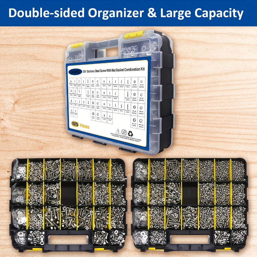 1575pcs 304 Stainless Steel Nuts and Bolts Assortment Kit – Pan Head Flat Head Screws Nuts Washers with Double-Sided Storage Box for Home & Mechanical Repairs - product image 2