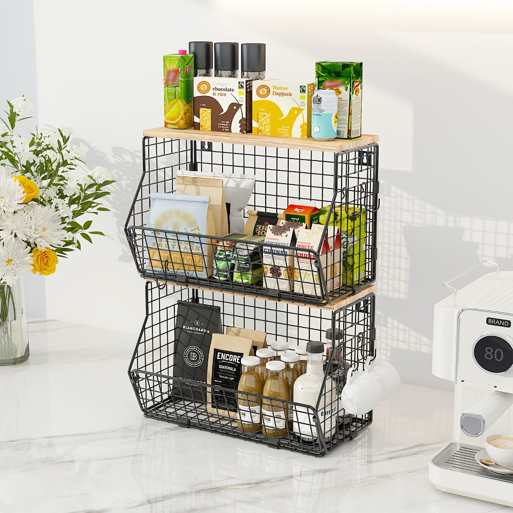 Stackable Metal Wire Fruit Basket with Lid – 1 or 2-Tier Hanging Kitchen Pantry Storage Bin, Wall-Mounted or Countertop Vegetable Organizer for Potato, Onion & Produce, Black - product image 5